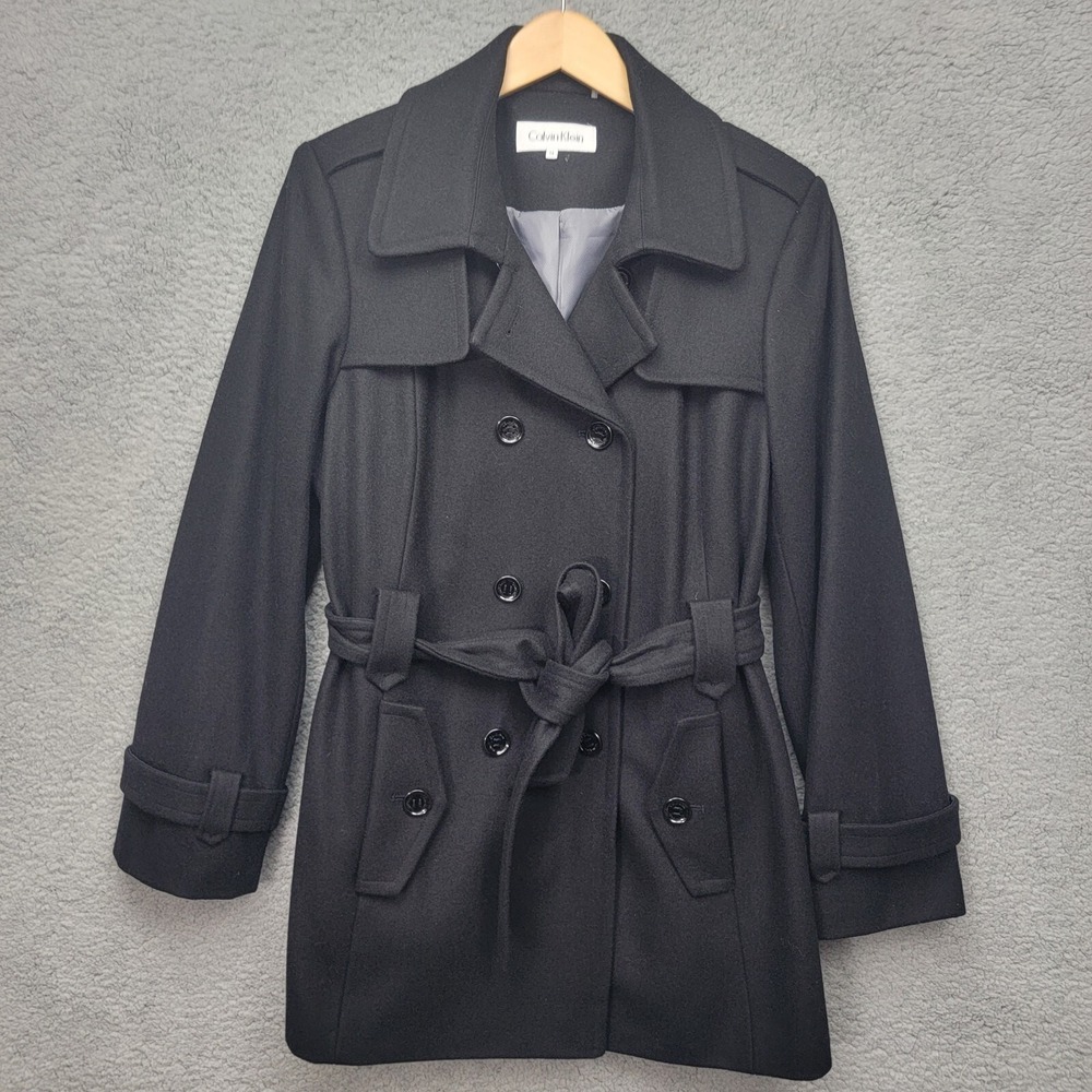 Calvin Klein Women's Wool Blend Double Breasted Pea Coat Beltedβ Black Size 14